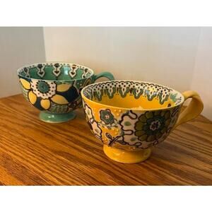 Anthropologie Elka Ayaka Floral Twisted Handle Footed Tea Cups Set of 2